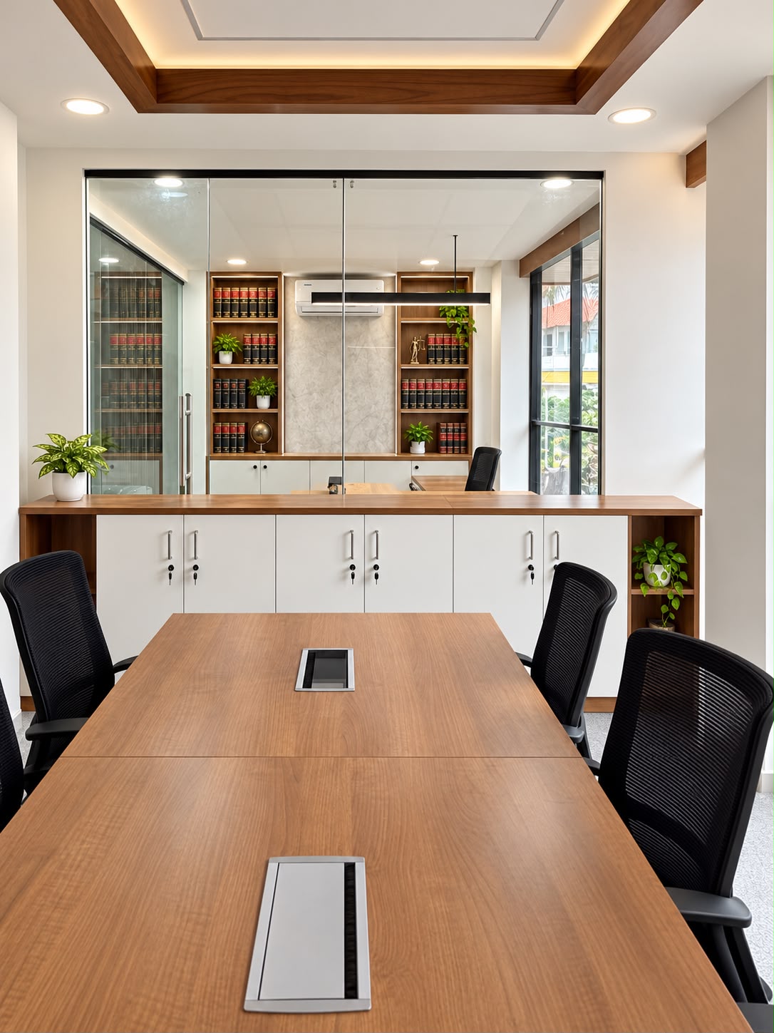 The My Office conference table and glass-partitioned interior